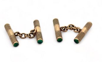 9ct gold cufflinks with engine turned decoration and terminated at each end with chrysoprase