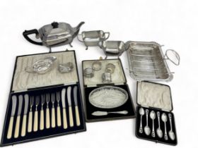 Range of good condition silver plate items. Includes a teapot of octagonal form with a matching