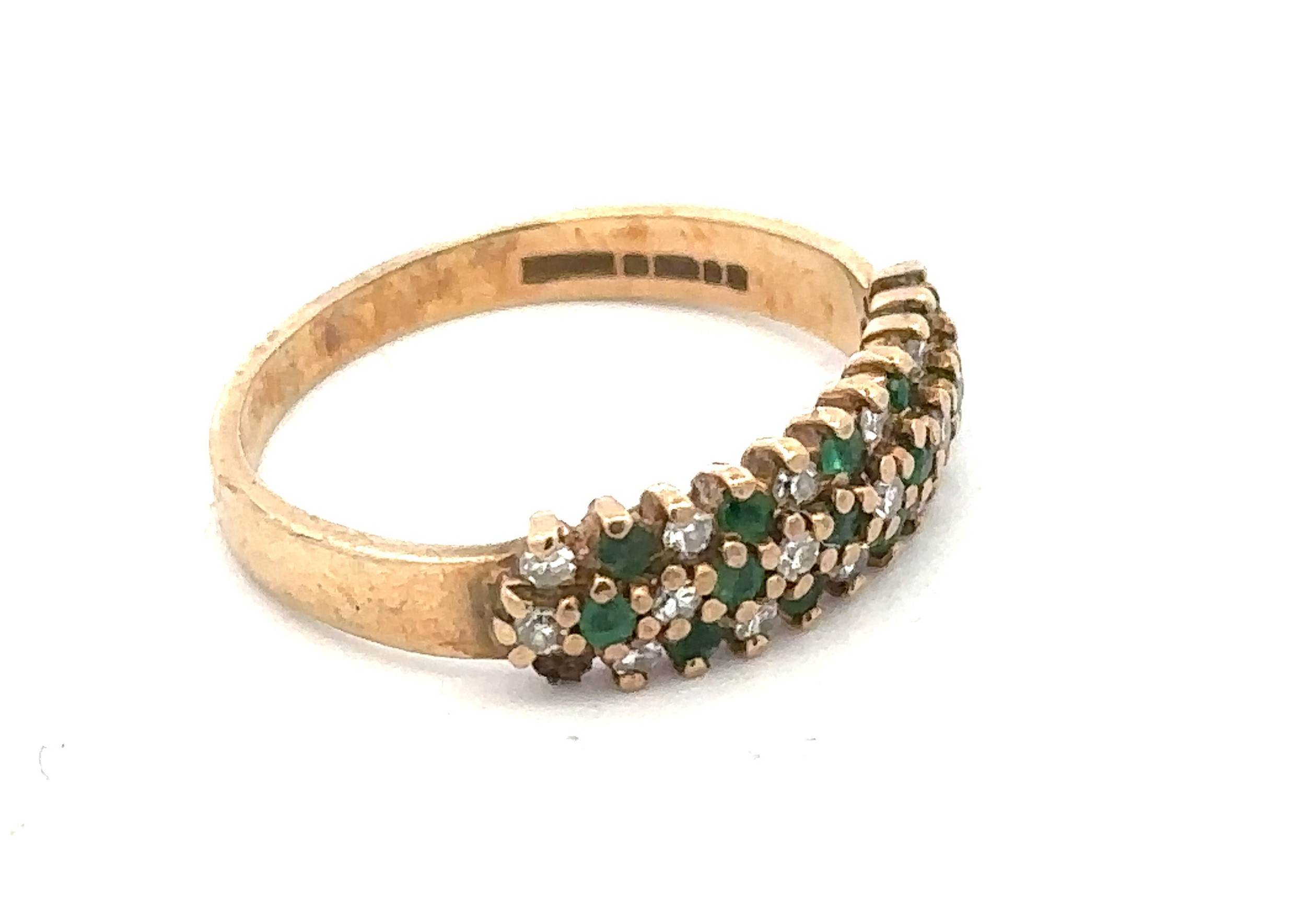 A 9ct gold three row emerald and diamond ring. Full hallmarks. Size ? Weight 2g. Please see the - Image 2 of 2