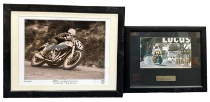 2x Framed Isle of Man signed pictures. Signed images of Geoff Duke and Mike Hailwood. Geoff Duke