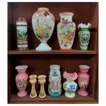 Victorian glass, ten pieces of Victorian hand painted opaline glass vases, large pieces in varying