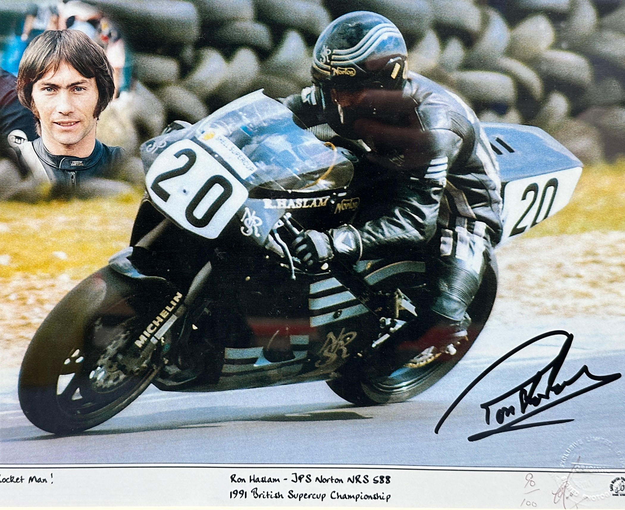 Framed signed Ron Haslam picture. Ron Haslam on his JPS Norton NRS 588, during the 1991 British