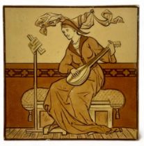 Copeland, late 19th Century single Medieval Occupation tile depicting a lute player, impressed marks