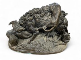 20th Century, large and heavy bronze sculptural group depicting six hunting dogs attacking a wild