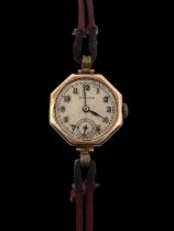 Rolex - an octagonal 9ct gold Rolex watch, circa 1940. 15 rubies, Arabic numerals, subsidiary