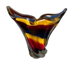 Iwatsu Hineri Glassworks, sculpted Apricot, Scarlet and Violet striped vase. Japan, 1960’s/70’s.