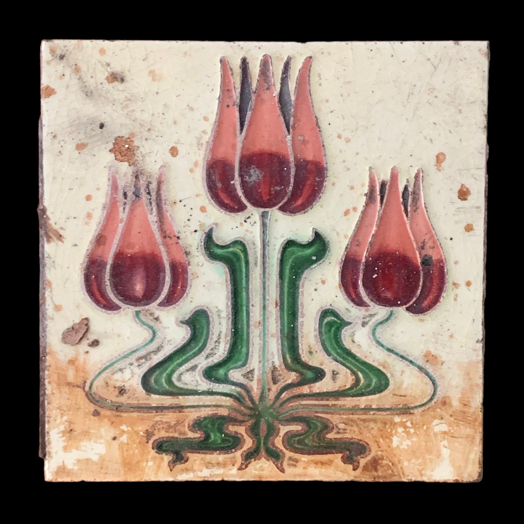 Art Nouveau three tulip fireplace tiles by Gibbons Hinton & Co, cream green & red design, seven - Image 2 of 3