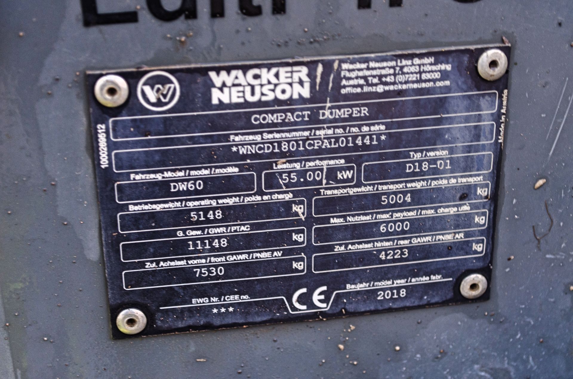 Wacker Neuson DW60 6 tonne swivel skip cabbed dumper Year: 2018 S/N: 01441 Recorded Hours: 1535 c/ - Image 23 of 23