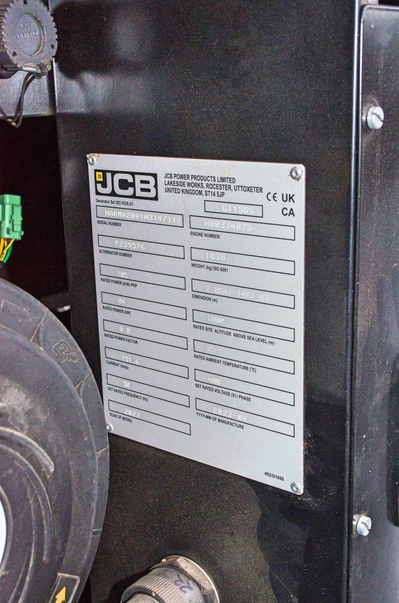 JCB G115QS 115 kva diesel driven generator Year: 2022 S/N: 147112 Recorded hours: 529 c/w 2 keys, - Image 10 of 10