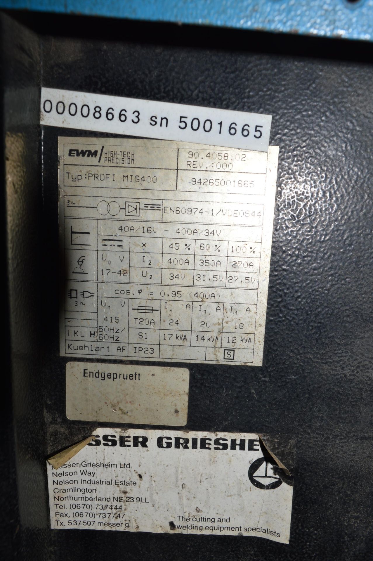 Messer Griesheim 400 amp mig welder c/w welding torch, earth lead and regulator Type: Profi Mig - Image 3 of 6