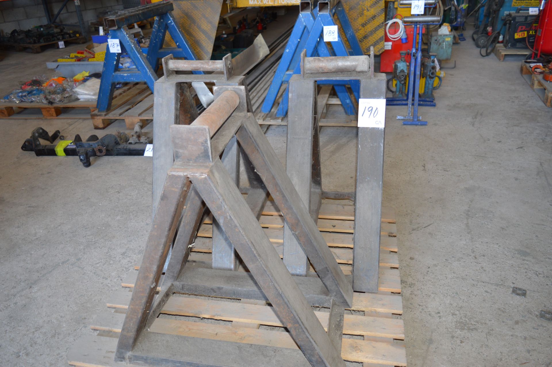 3 - heavy duty steel roller feed stands Approx. 830 mm high ** No VAT on hammer price but VAT will