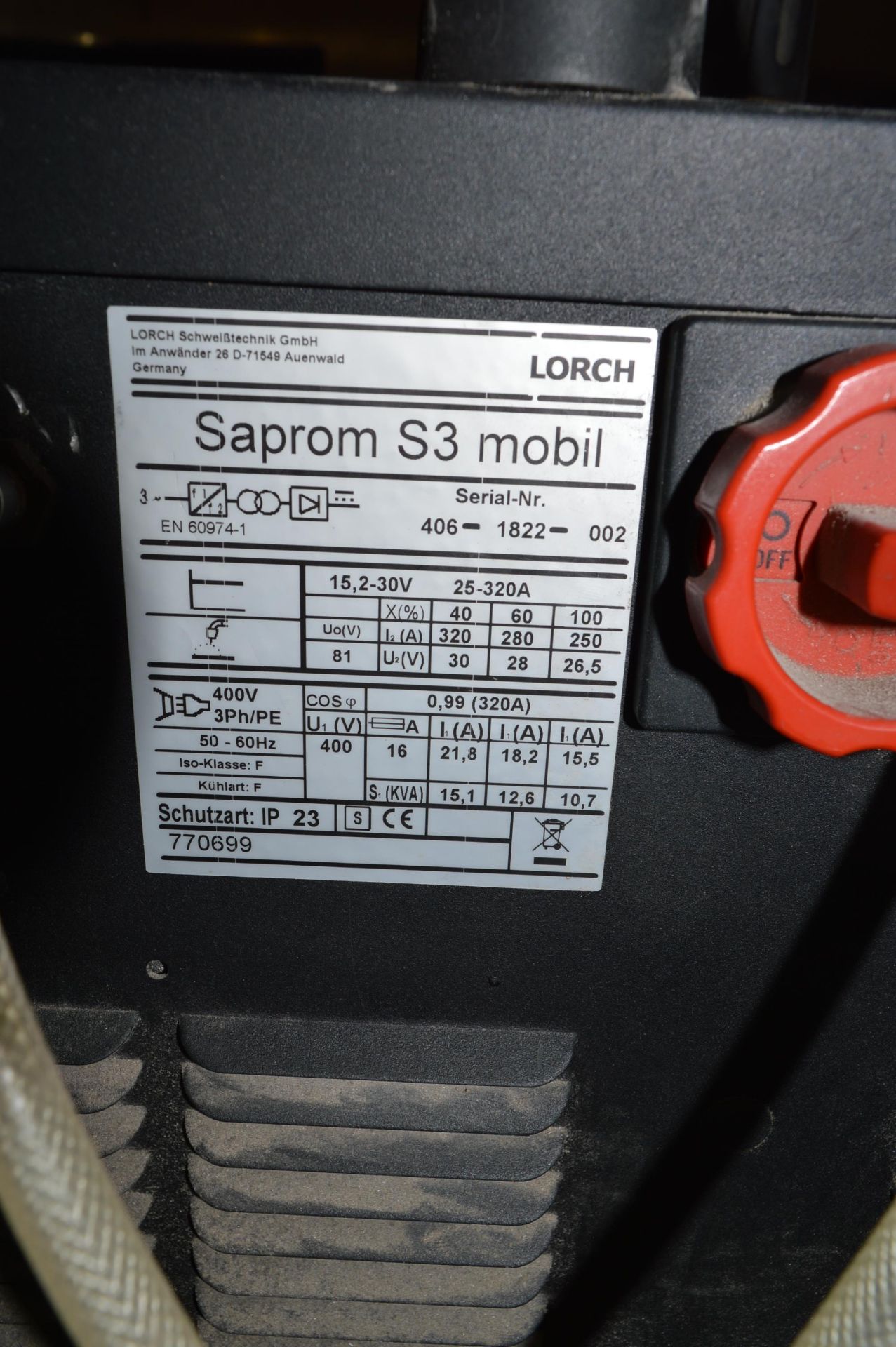 Lorch Saprom S3 400v 320 amp MIG welder c/w Lorch intelligent welding torch, earth lead, regulator - Image 6 of 8