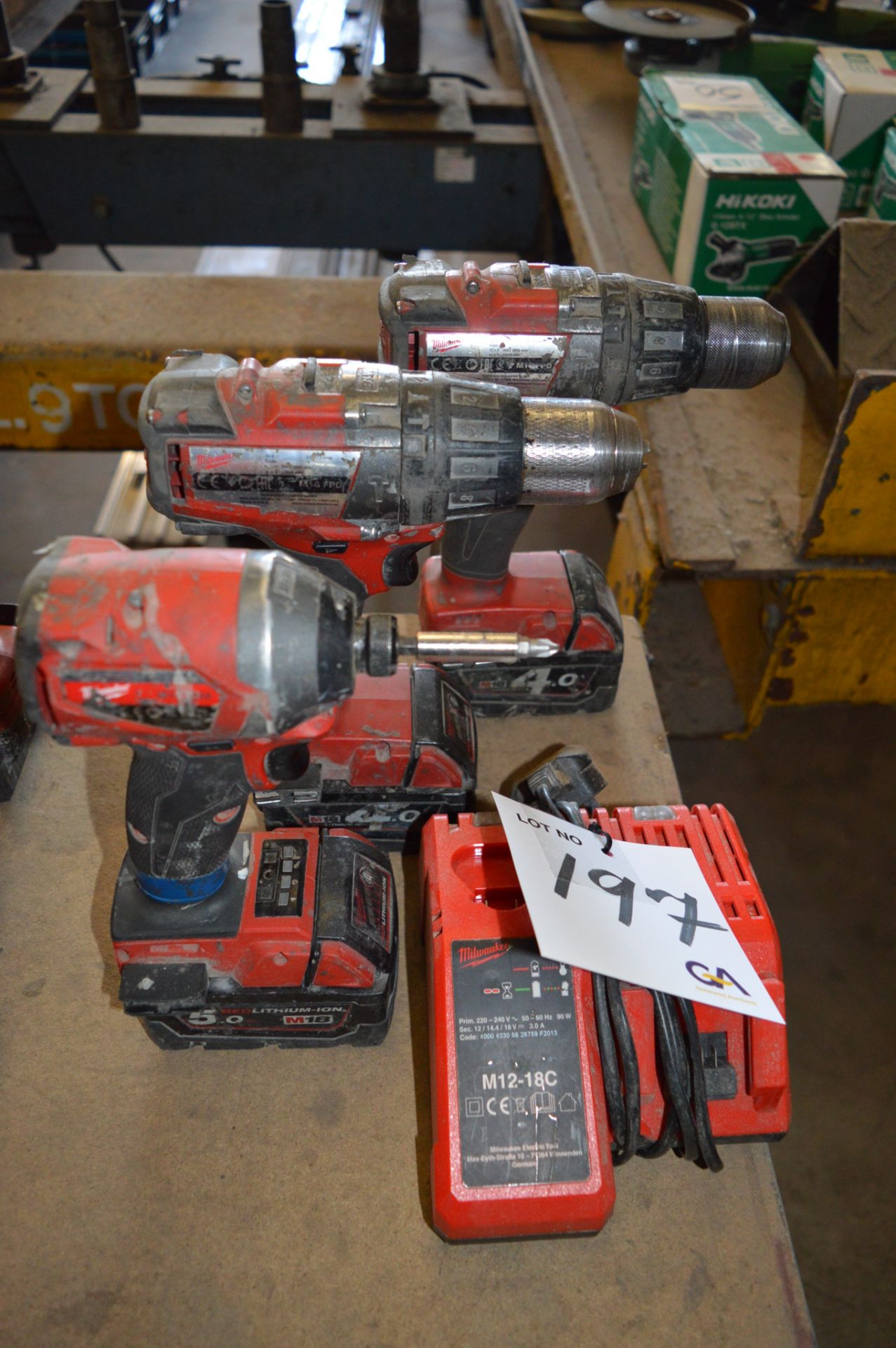 2 - Milwaukee drills, Milwaukee screwdriver c/w charger and 3 batteries ** No VAT on hammer price - Image 2 of 2