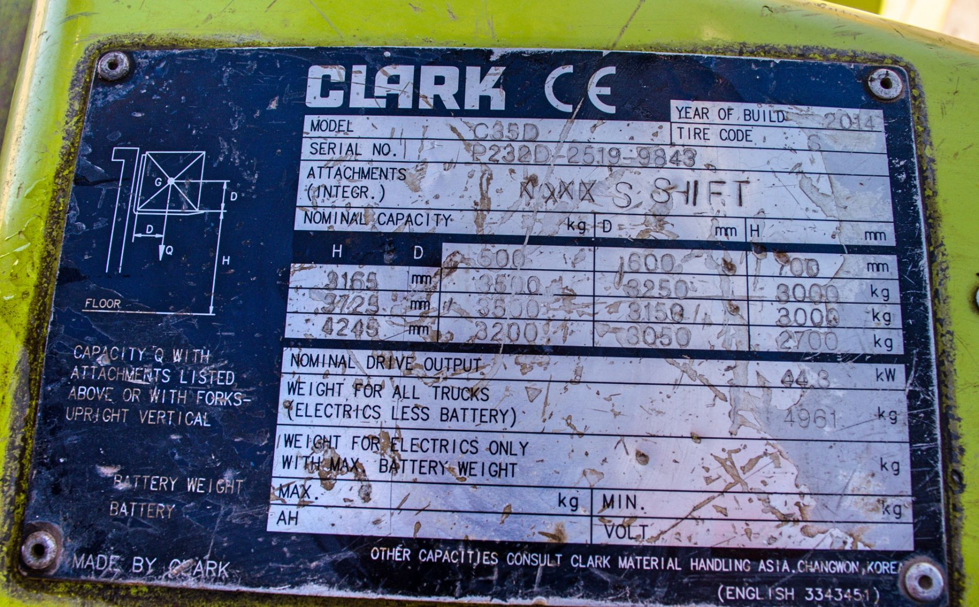 Clark C35D 3.5 tonne diesel fork lift truck Year; 2014 S/N: 2519-9843 Recorded Hours: 3538 N401624 - Image 19 of 20