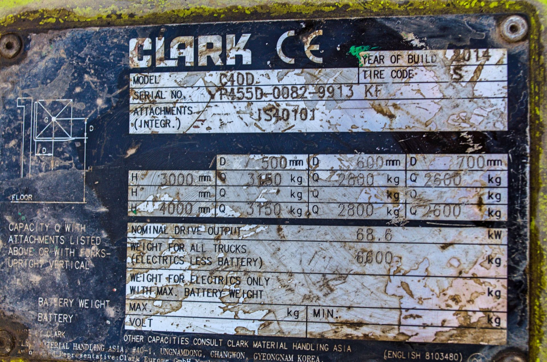 Clark C40D 4 tonne diesel fork lift truck Year: 2014 S/N: 0082-9913 Recorded Hours: 5072 N627785 - Image 19 of 20