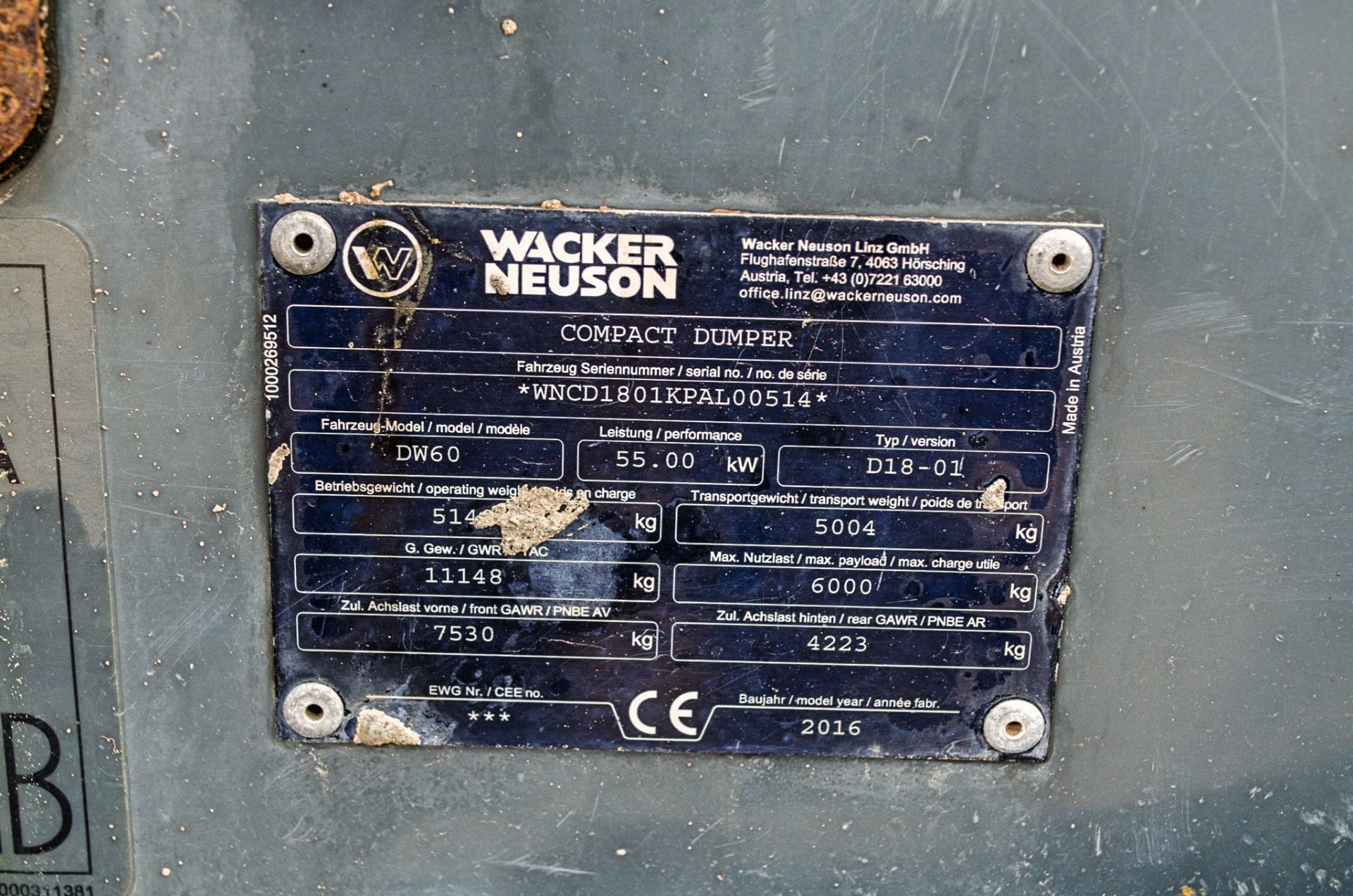 Wacker Neuson DW60 6 tonne swivel skip cabbed dumper Year: 2016 S/N: L00514 Recorded Hours: 2266 c/w - Image 21 of 22