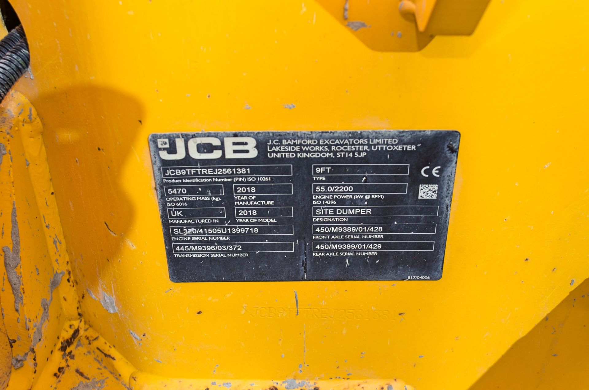 JCB 9T-1 9 tonne straight skip dumper Year: 2018 S/N: 2561381 Recorded Hours: 1216 c/w rear camera - Image 22 of 23