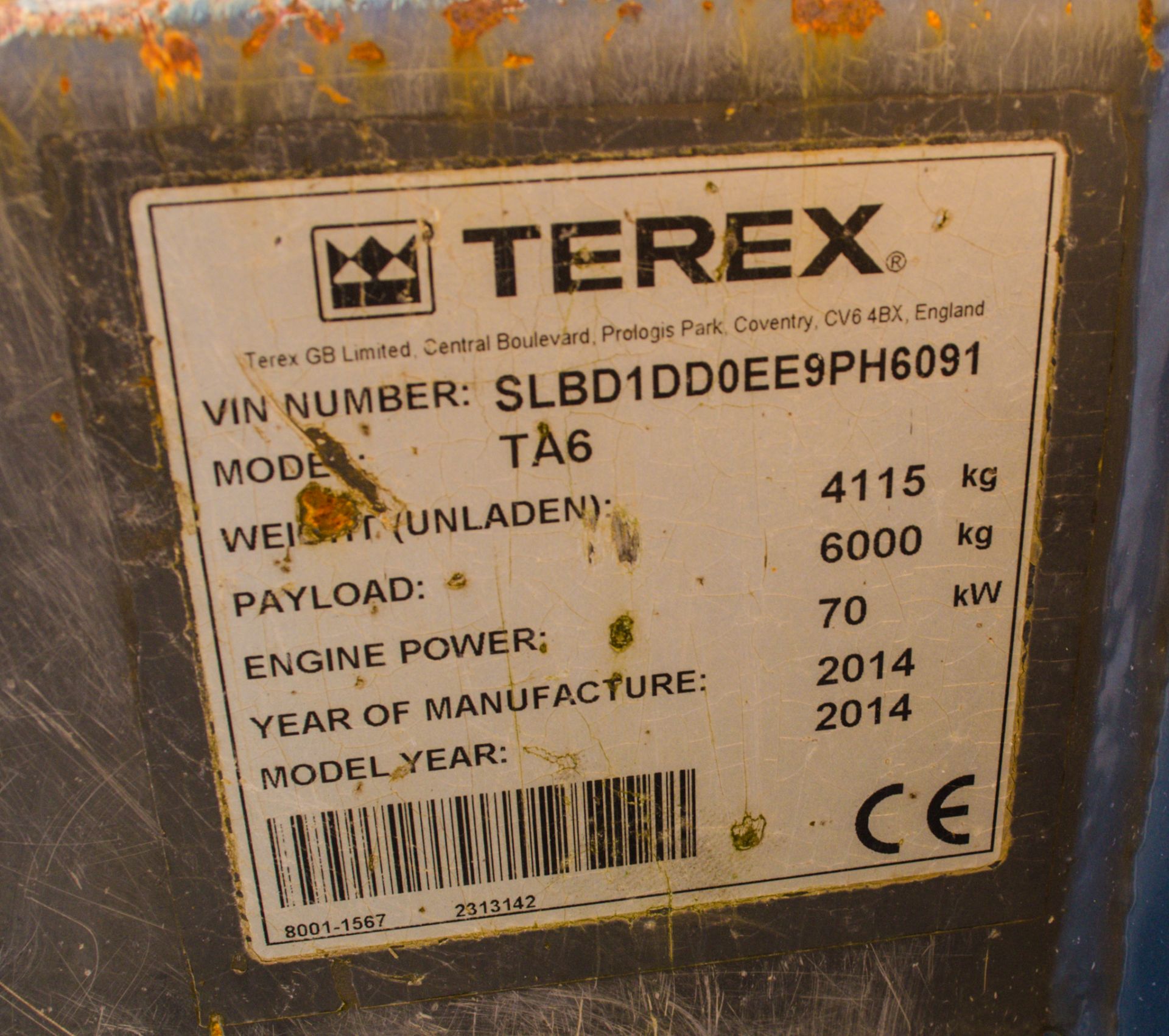 Terex TA6 6 tonne straight skip dumper Year: 2014 S/N: 9PH6091 Recorded Hours: 1205 7 - Image 22 of 22