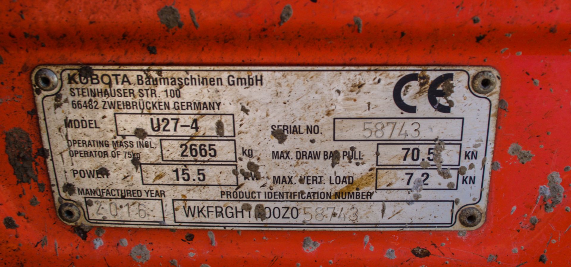 Kubota U27-4 2.7 tonne rubber tracked mini excavator Year: 2016 S/N: 58743 Recorded Hours: 3288 - Image 21 of 21