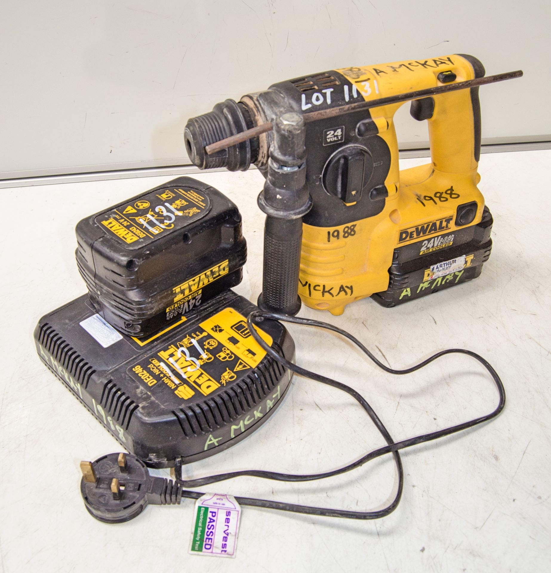 Dewalt DC223 24v cordless SDS rotary hammer drill c/w 2 - batteries and charger AM1988