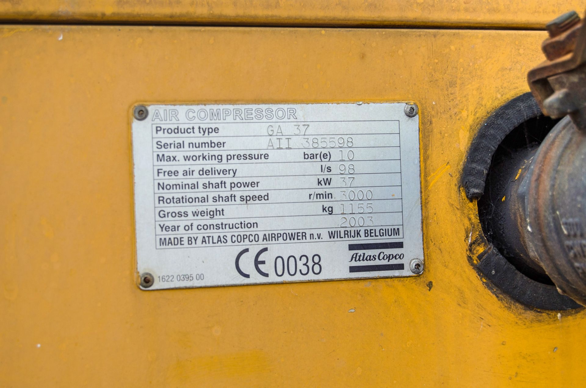 Atlas Copco GA37 3 phase electric air compressor Year: 2003 S/N: 385598 RMS34226 HY9580 - Image 4 of 10