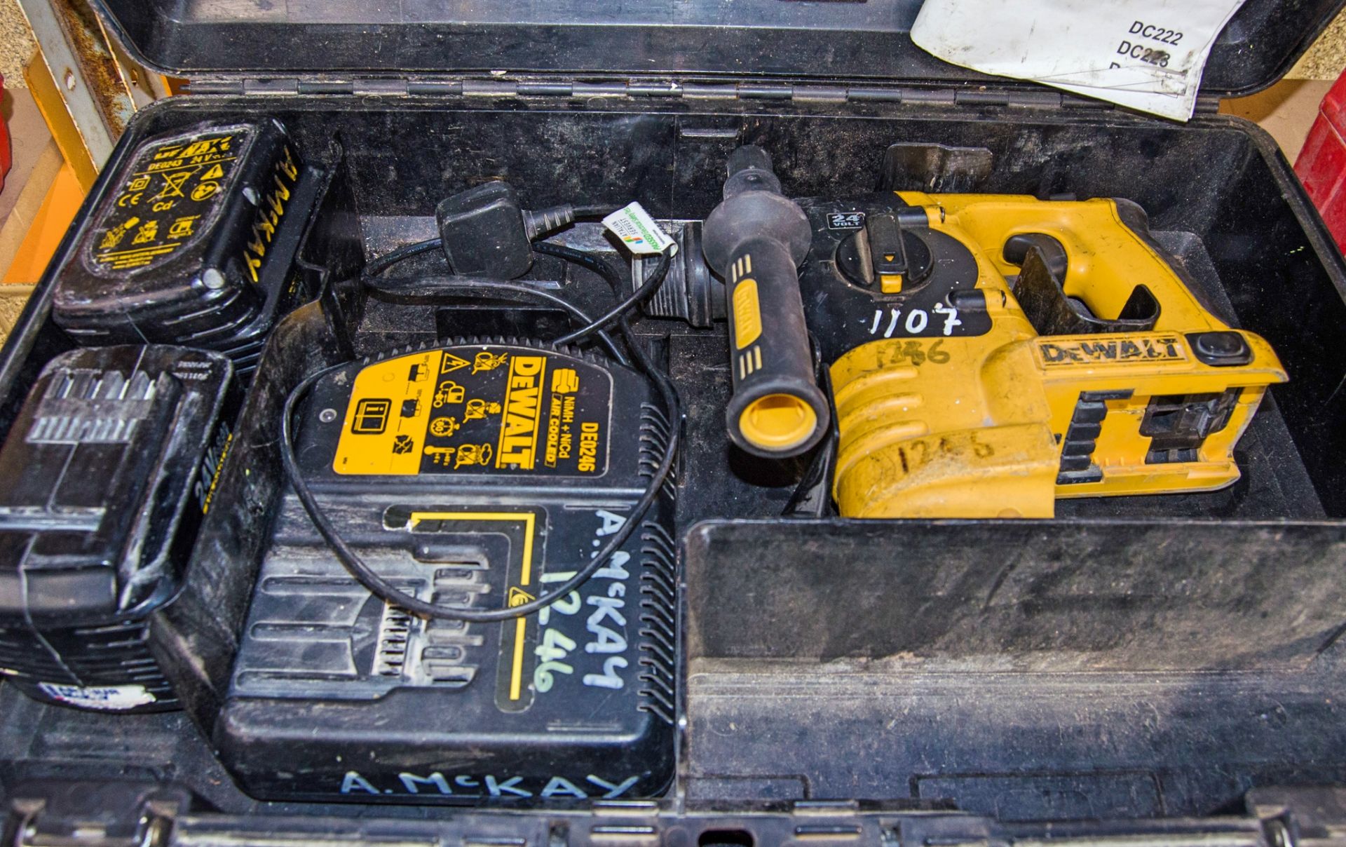 Dewalt DC223 24v cordless SDS rotary hammer drill c/w 2 - batteries, charger and carry case AM1246