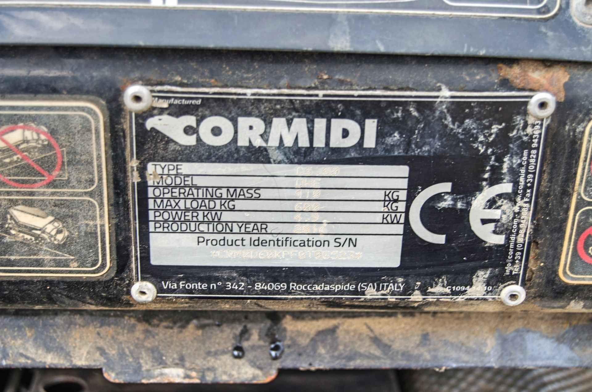 Cormidi 60 diesel driven 600kg hi-tip rubber tracked dumper Year: 2016 S/N: 06523 Recorded Hours: - Image 19 of 19