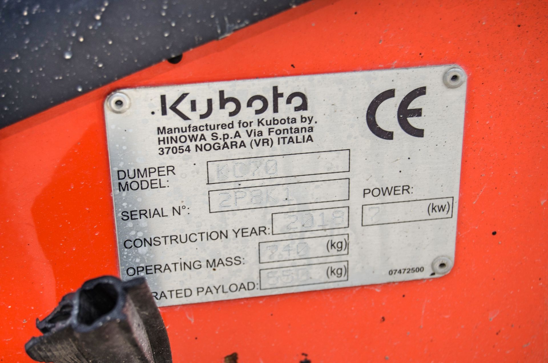 Kubota KC70 700kg diesel driven rubber tracked hi-tip dumper Year: 2018 S/N: 2P8K1 Recorded Hours: - Image 16 of 16