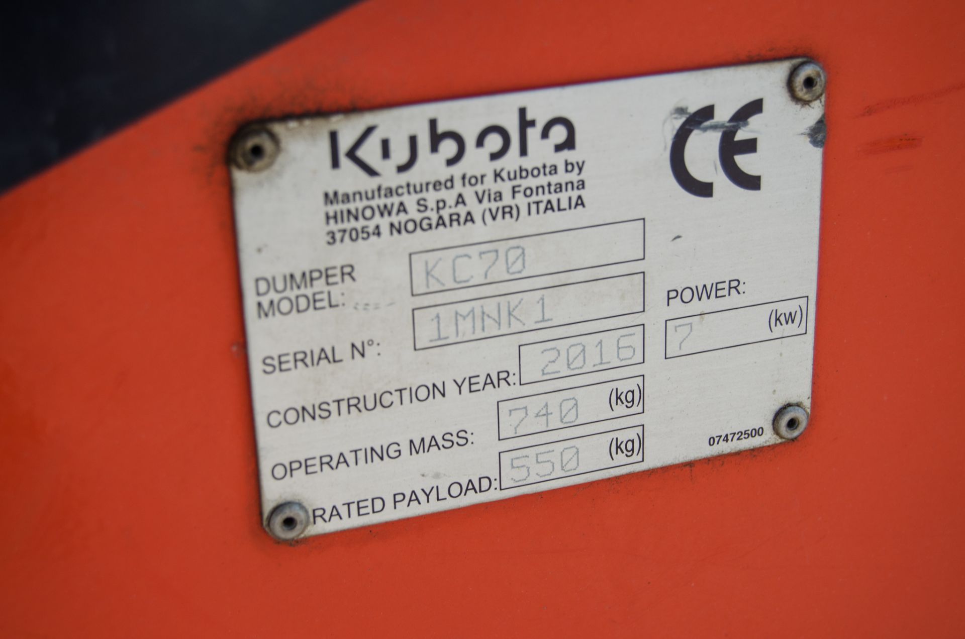 Kubota KC70 700kg diesel driven hi-tip tracked dumper Year: 2016 S/N: 1MNK1 Recorded Hours: Not - Image 21 of 21