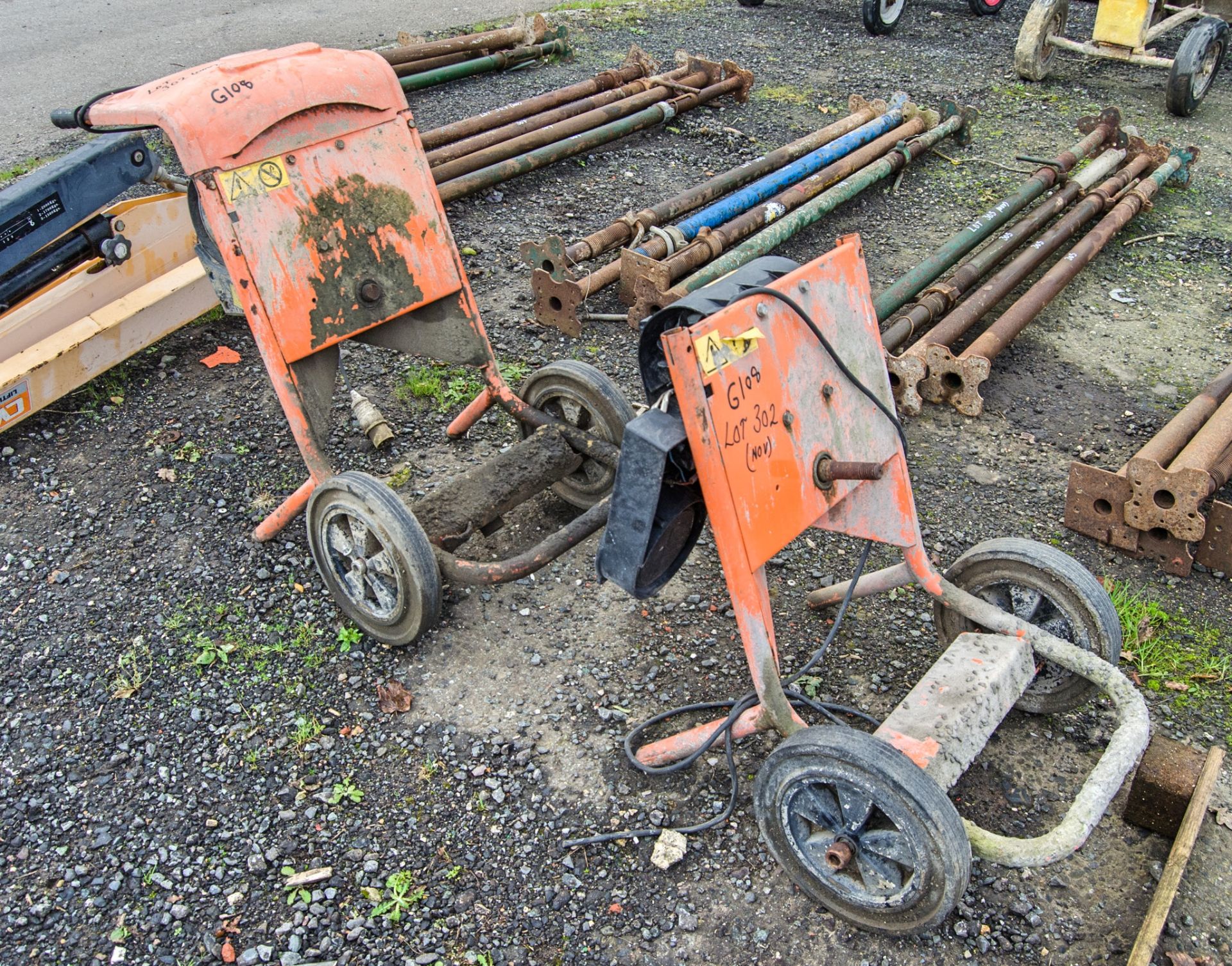 2 - Belle Minimix 150 110v cement mixers ** Both with no drums and one with motor parts missing **