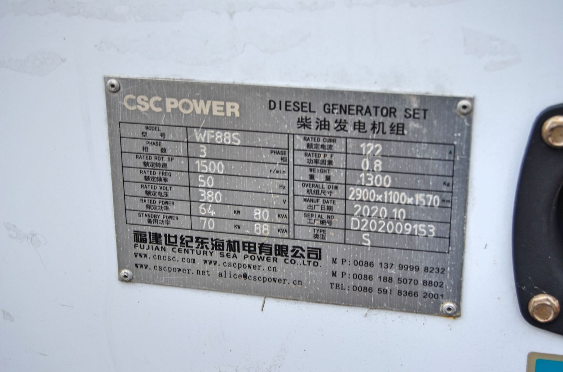 CSC Power WF88S 80 kva diesel driven generator S/N: 2009153 - Image 10 of 10