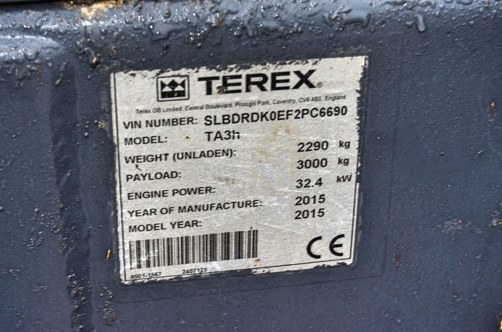 Terex TA3H 3 tonne straight skip dumper Year: 2015 S/N: EF2PC6690 Recorded Hours: 2120 Hydrostatic - Image 22 of 22