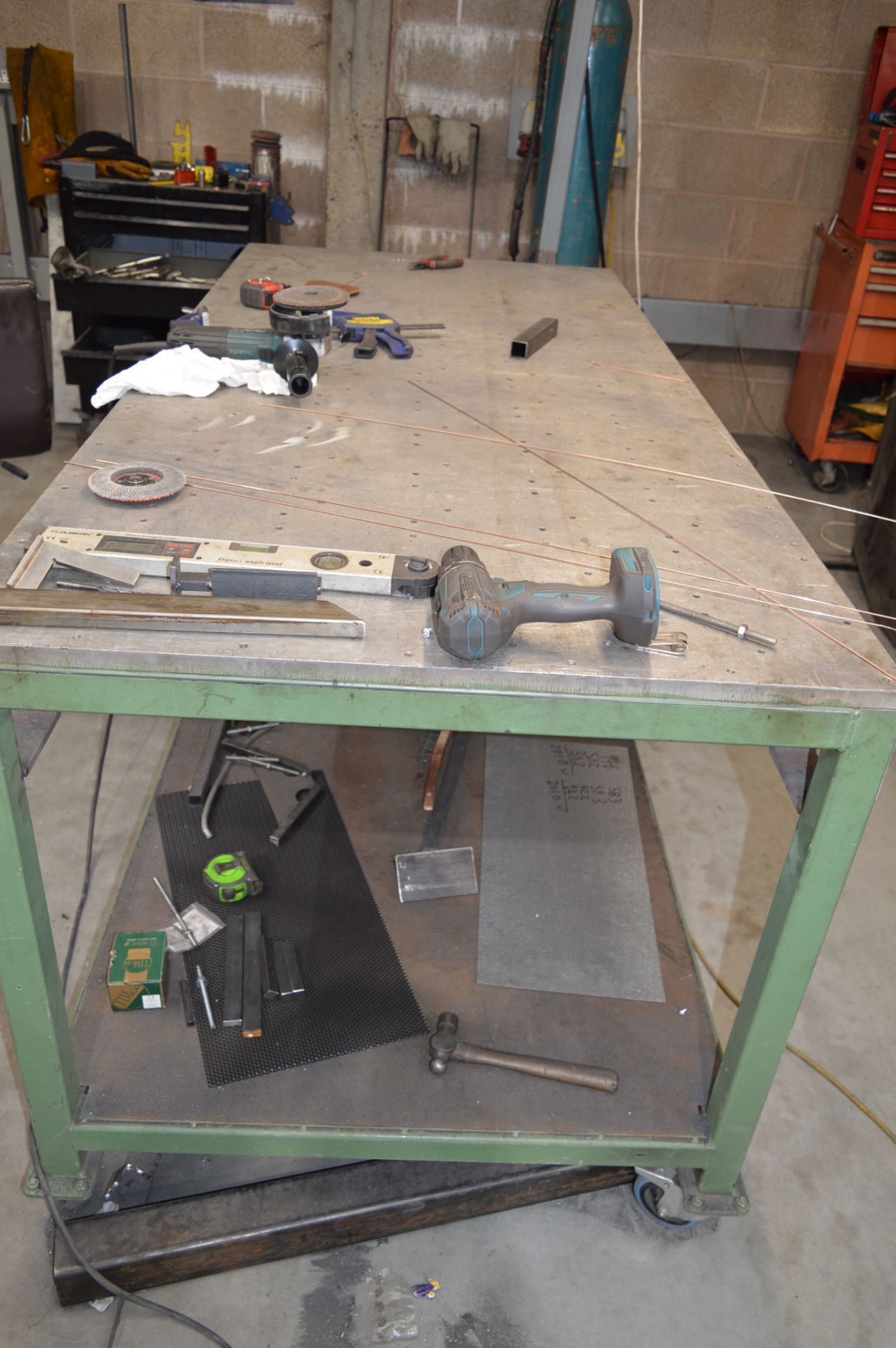 Fabricated steel mobile work bench Approx. 1950mm x 900mm x 925mm high ** Not including contents ** - Image 2 of 2