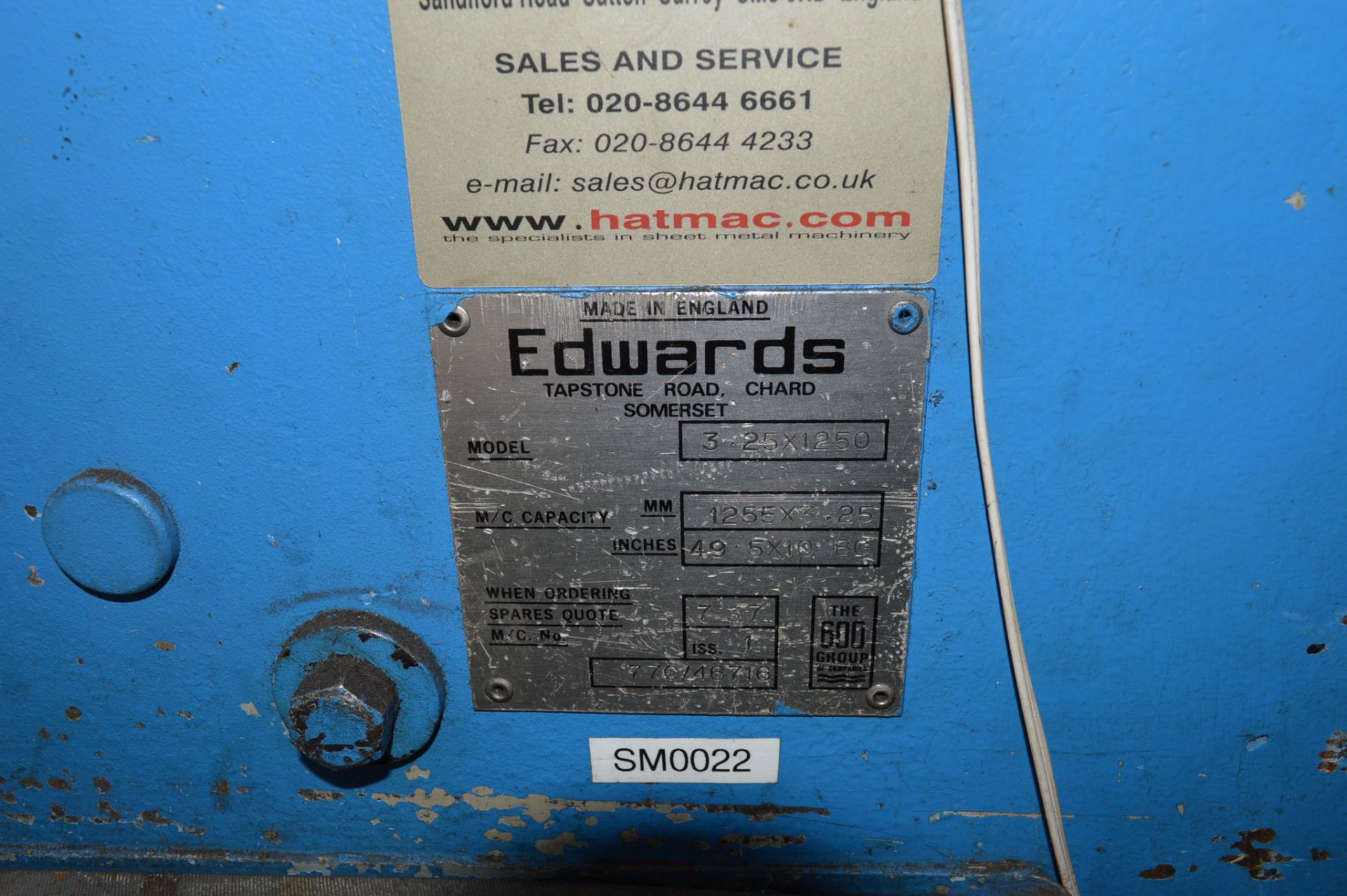 Edwards 3.25 x 1250 guillotine Capacity: 1255 x 3.25mm M/C no: 77C/46716 c/w backstop - Image 4 of 5