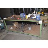 Fabricated steel mobile work bench Approx. 2000mm x 1010mm x 915mm high c/w Irwin Record No 23