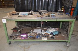 Fabricated steel mobile work bench Approx. 1950mm x 900mm x 925mm high ** Not including contents **