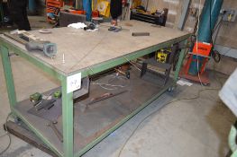 Fabricated steel mobile work bench Approx. 1950mm x 900mm x 925mm high ** Not including contents **