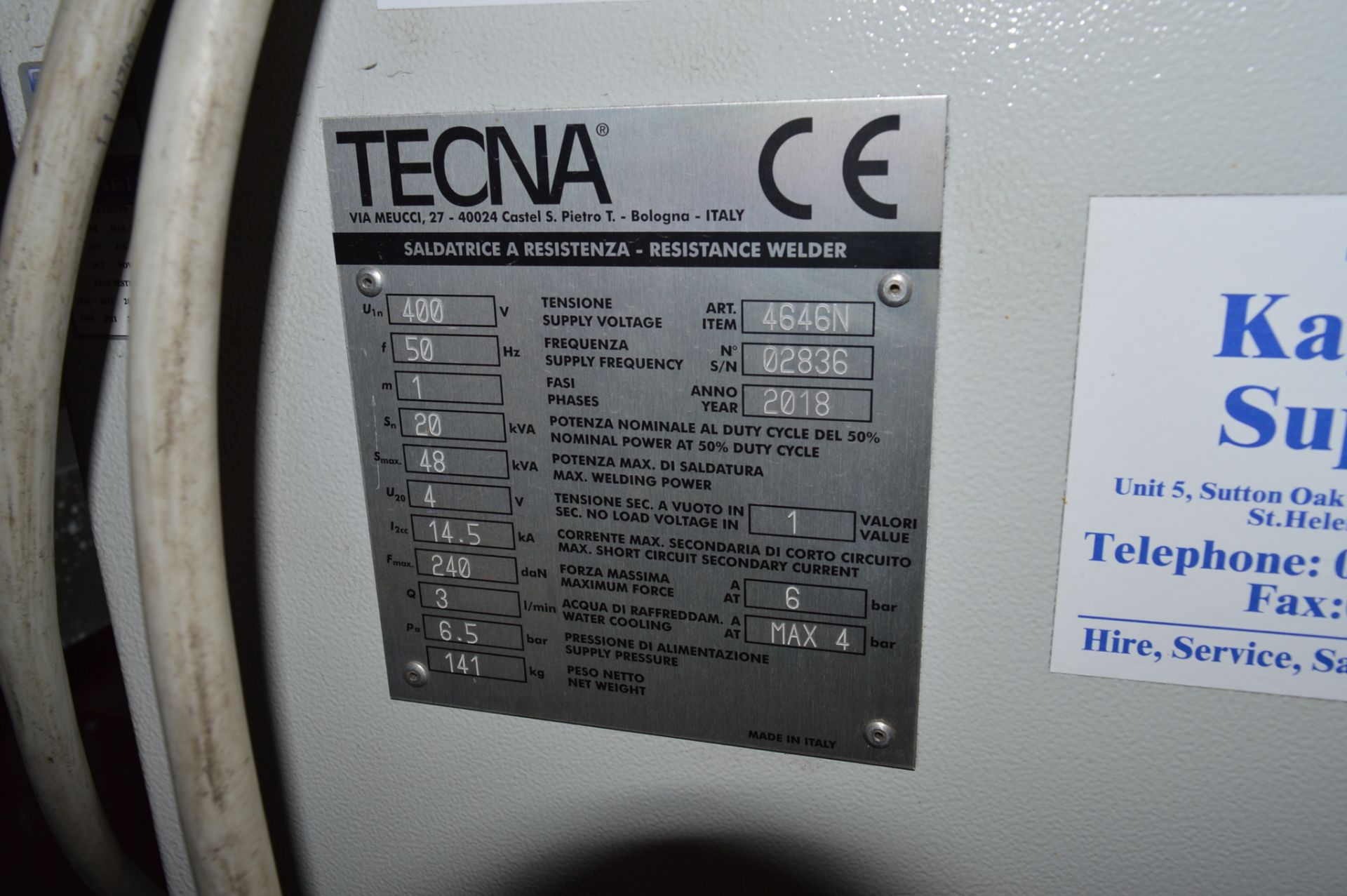 Tecna 4646N 400v 20 kva column spot welder Year: 2018 S/N: 02836 c/w Parweld XTS902 water - Image 4 of 5