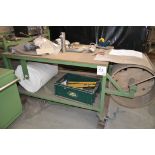 Fabricated steel mobile work bench Approx. 1500mm x 900mm x 835mm high c/w unreeling frame ** Not
