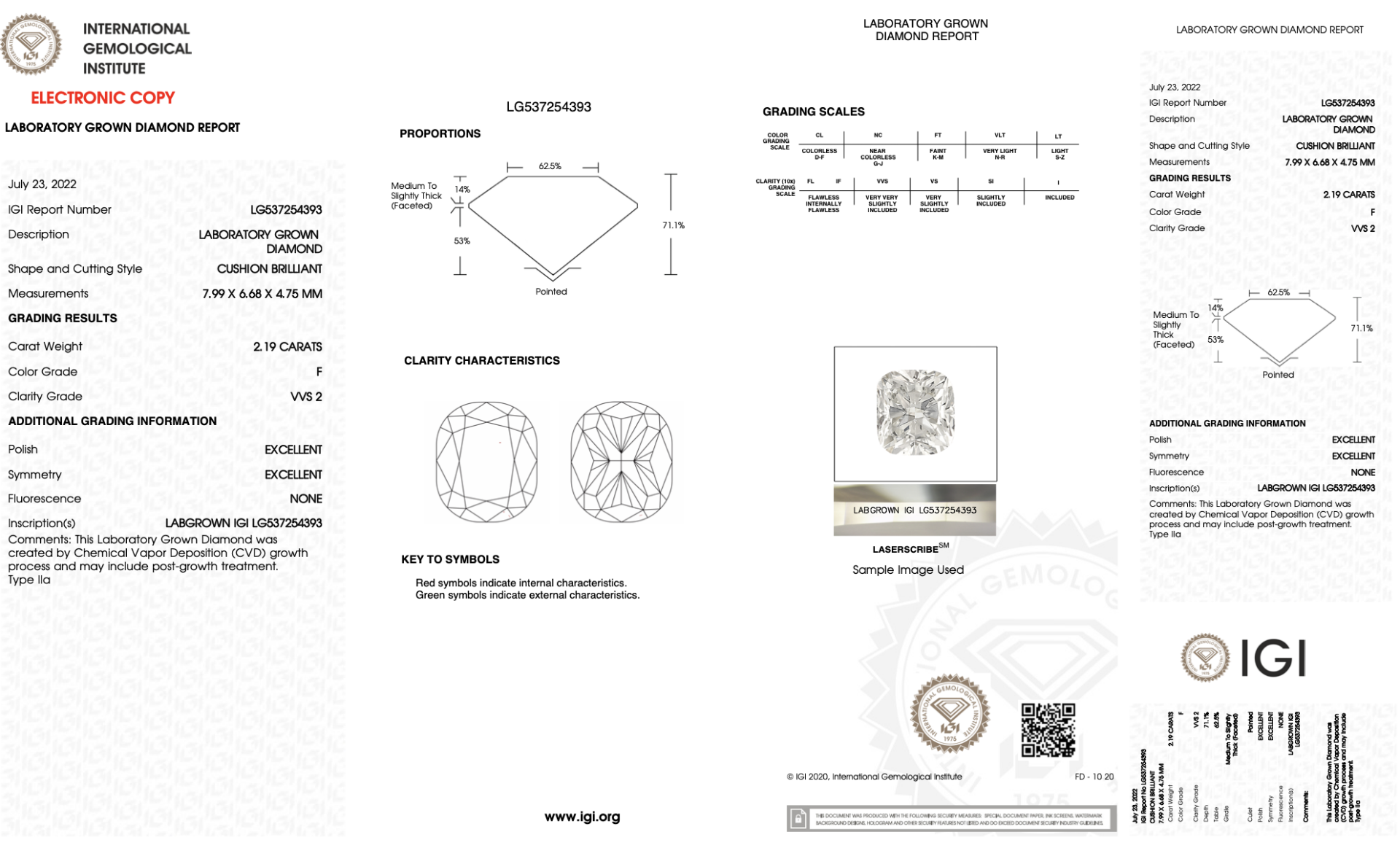 Cushion Brilliant Cut Diamond F Colour VVS2 Clarity 2.19 Carat EX EX - LG537254393 - IGI - Bild 2 aus 2