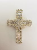 Round Brilliant Cut & baguette Cut Natural Diamond 18kt Yellow gold Cross Pendant VVS F G 2.10 Carat