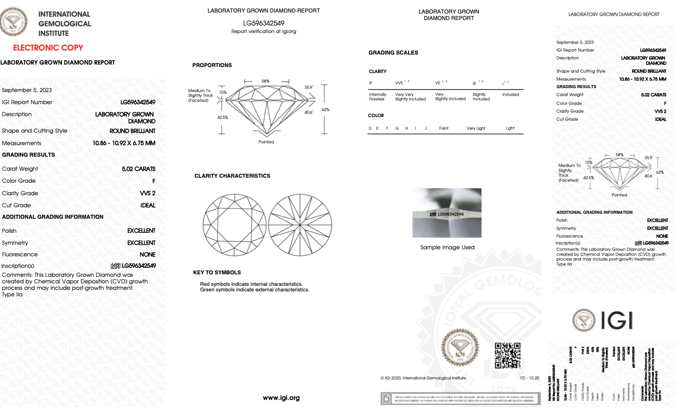 Round Brilliant Cut Diamond F Colour VVS2 Clarity 5.02 Carat ID EX EX - LG596342549 - IGI - Image 8 of 9