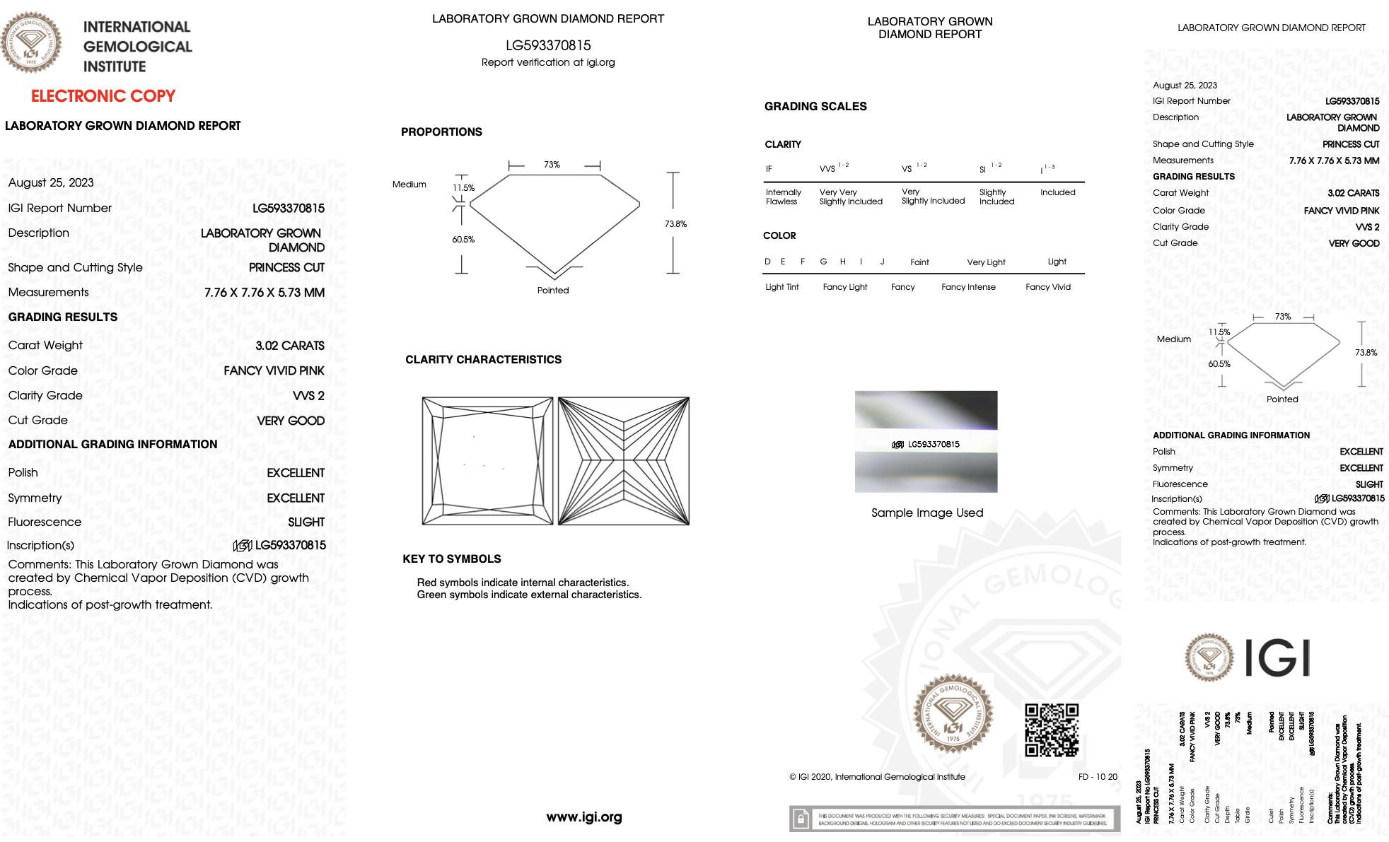 Princess Cut Diamond Fancy Pink Colour VVS2 Clarity 3.02 Carat EX EX - LG593370815 - IGI - Image 7 of 7