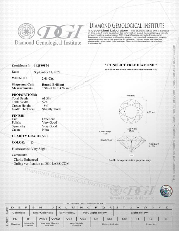 Round Brilliant Cut Natural Diamond 2.01 Carat Colour D Clarity VS1 - DGI 142589574 - Image 6 of 7