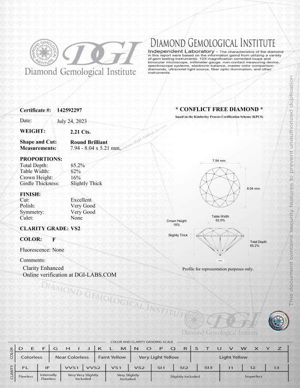 ** ON SALE ** Round Brilliant Cut Natural Diamond 2.21 Carat Colour F Clarity VS2 - DGI 142592297 - Image 7 of 8