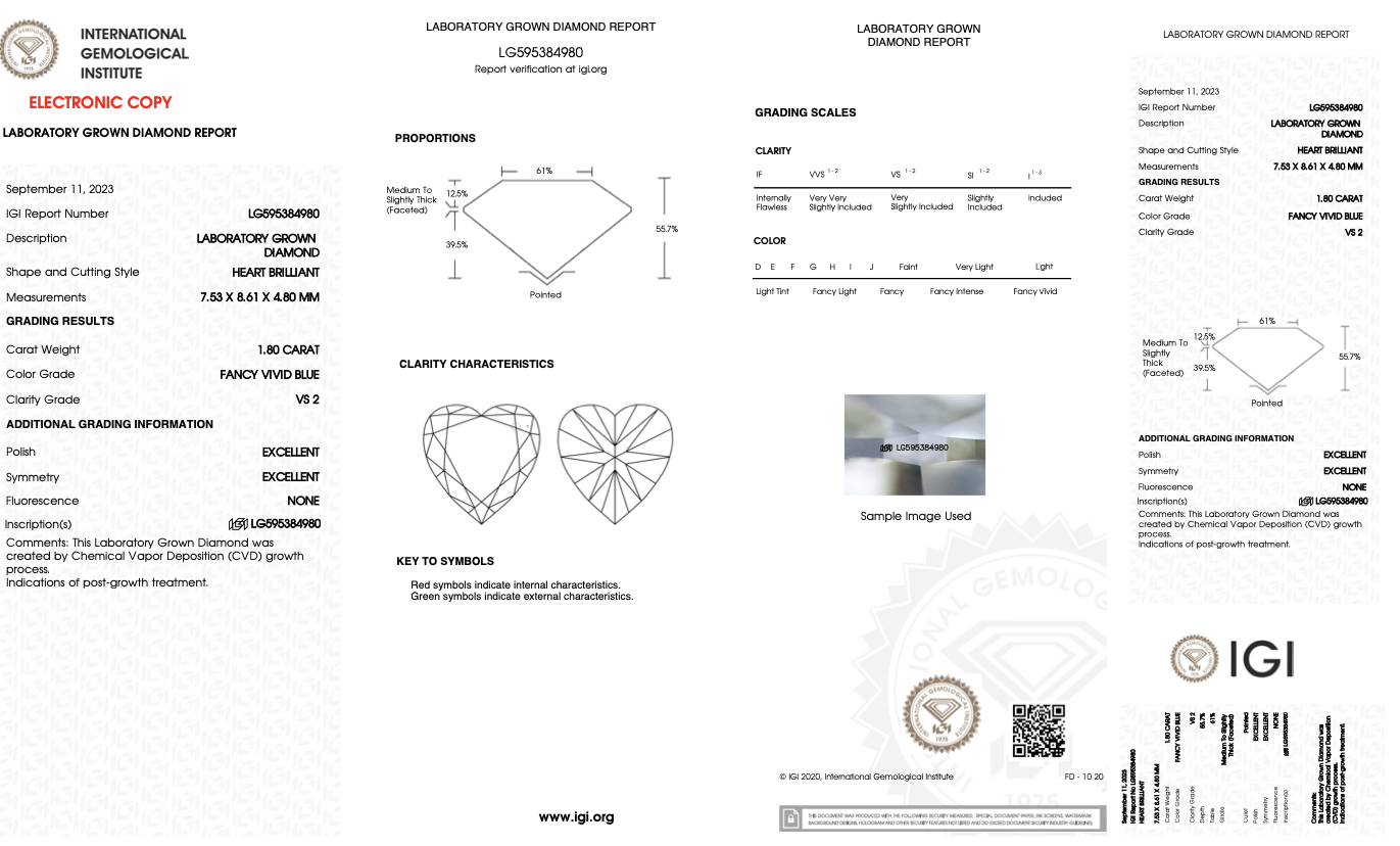 Heart Cut Diamond Fancy Blue Colour VS2 Clarity 1.80 Carat EX EX - LG595384980 - IGI - Image 7 of 7
