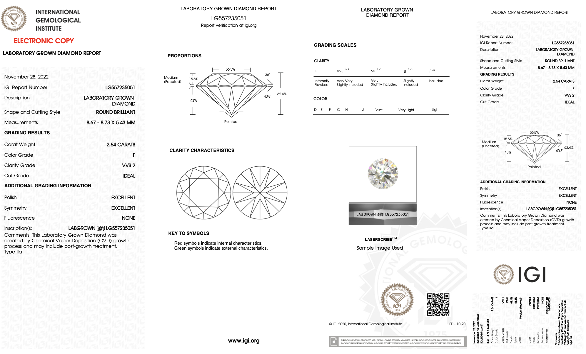 ** ON SALE ** Round Brilliant Cut Diamond F Colour VVS2 Clarity 2.54 Carat EX EX - LG557235051 - IGI - Image 8 of 9