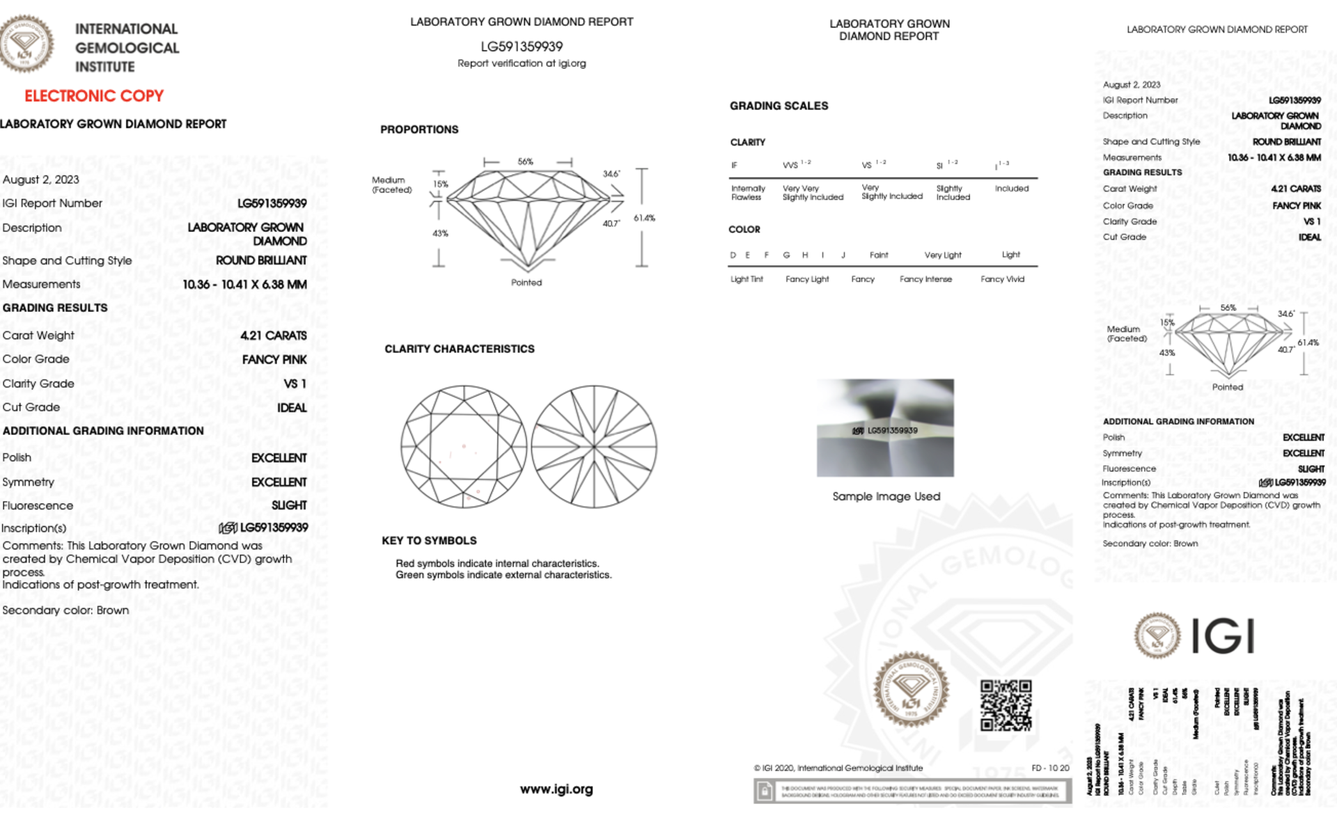 Round Brilliant Cut Diamond Fancy Pink Colour VS1 Clarity 4.21 Carat ID EX EX -LG591359939 - IGI - Image 8 of 8