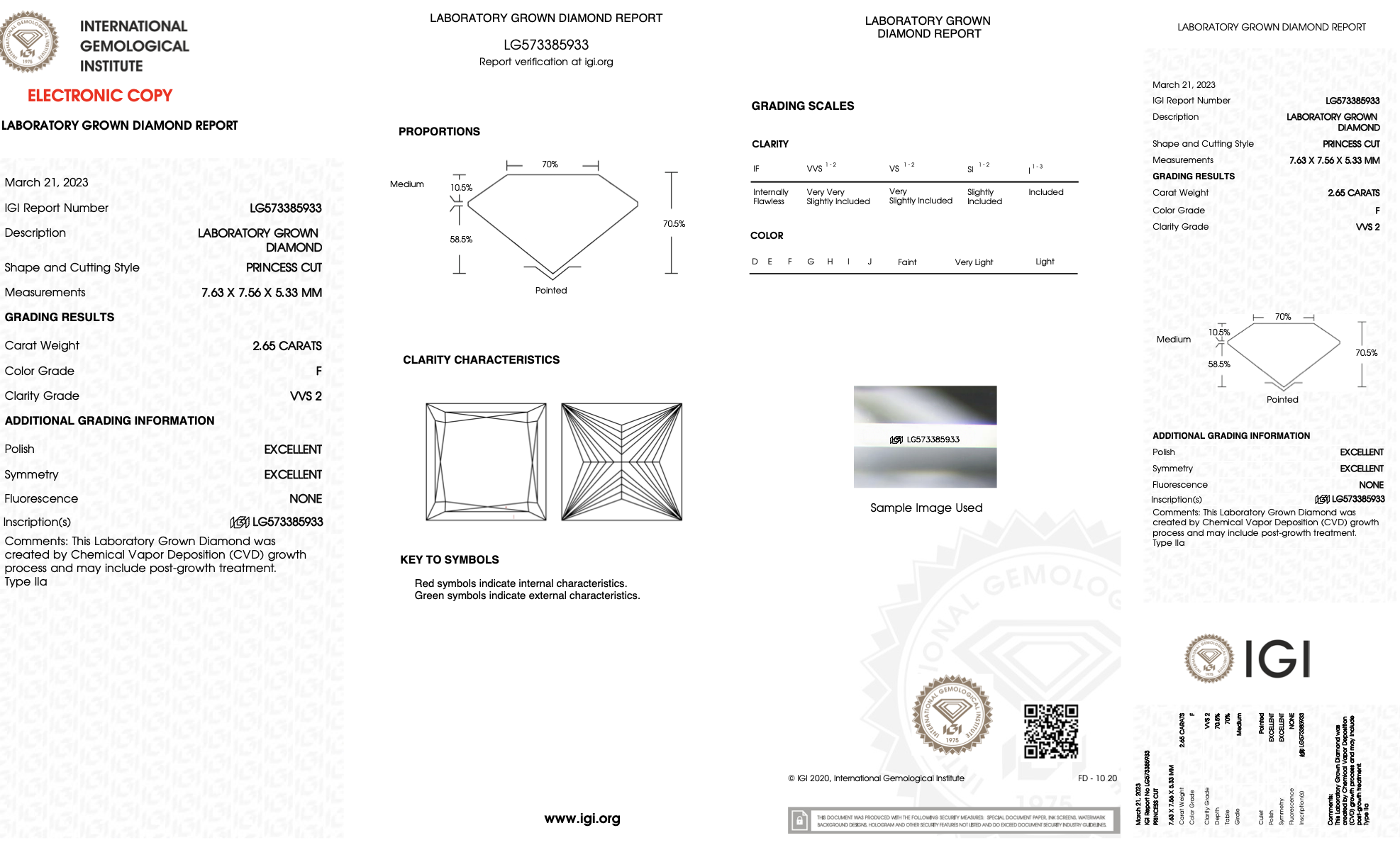 Princess Cut Diamond F Colour VVS2 Clarity 2.65 Carat EX EX - LG573385933 - IGI - Image 7 of 8