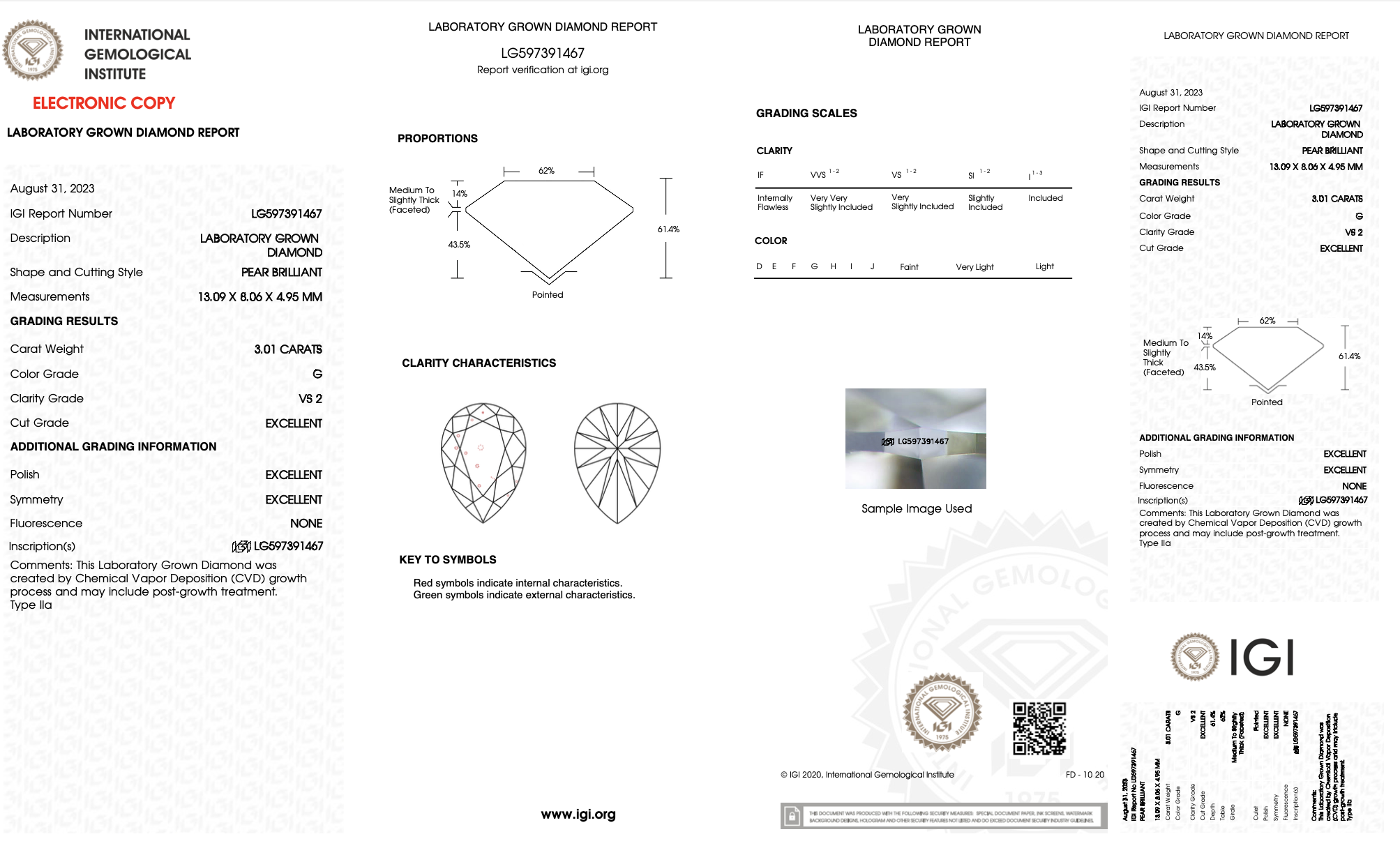 Pear Brilliant Cut Diamond 3.01 Carat G Colour VS2 Clarity EX EX - LG597391467 - IGI - Image 5 of 6